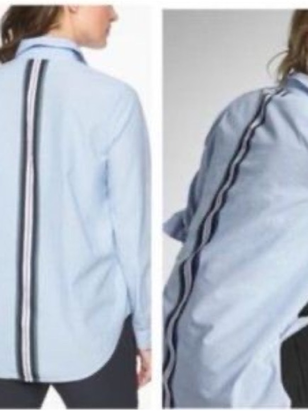 Athleta Blue Button-Up Shirt | Black & White Back Stripe Detail | Women’s Small